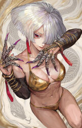 1girl a.k.i._(street_fighter) bikini breasts claw_(weapon) claw_ring detached_sleeves earrings from_above gold_bikini hair_over_one_eye highres impossible_hair jewelry miche mole mole_under_mouth navel red_eyes red_lips short_hair smile solo street_fighter street_fighter_6 swimsuit tassel tassel_earrings weapon white_hair