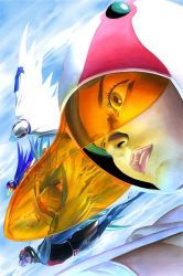 1970s_(style) 1girl 4boys alex_ross antennae belt bodysuit boots cape cloak cloud flying freefall gatchaman gloves helmet hood hooded_cloak insignia jinpei_the_swallow joe_the_condor jun_the_swan ken_the_eagle lips multiple_boys official_art official_style retro_artstyle promotional_art realistic retro_artstyle ryu_the_owl scan science_fiction traditional_media uniform visor