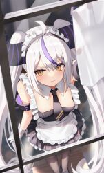 1girl ahoge alternate_costume apron arm_cuffs arm_up black_dress black_footwear black_necktie braid cleaning cleaning_windows collar demon_girl demon_horns detached_collar dress enmaided frilled_apron frilled_dress frills from_above gloves grey_hair highres hololive horns la+_darknesss long_hair looking_at_viewer maid maid_apron maid_headdress multicolored_hair necktie pantyhose pointy_ears purple_hair cleaning_rag sidelocks solo standing streaked_hair striped_horns thomas_8000 twintails very_long_hair virtual_youtuber white_collar white_gloves window wrist_cuffs yellow_eyes