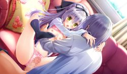 1girl blue_hair bra censored couch game_cg highres panties penis pink_bra pink_panties shoujo_shin&#039;iki_shoujo_tengoku takagi_sana underwear yellow_eyes youta