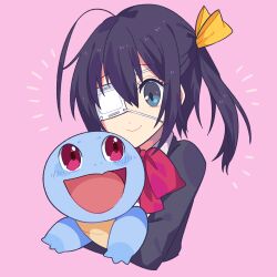 1girl ahoge black_hair black_jacket blue_eyes chuunibyou_demo_koi_ga_shitai! closed_mouth commentary commission cropped_torso crossover eyelashes eyepatch game_freak gen_1_pokemon highres holding holding_pokemon jacket medical_eyepatch nintendo one_side_up pink_background pokemon pokemon_(creature) red_eyes smile squirtle takanashi_rikka yasaikakiage