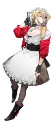 1girl apron black_boots black_bra black_gloves black_pantyhose black_skirt blonde_hair boots bra breasts cigarette cleavage commentary_request fingerless_gloves gloves hair_ornament hand_up headdress holding jacket large_breasts long_hair looking_at_viewer mouth_hold off_shoulder open_clothes open_jacket original pantyhose red_eyes red_jacket ribbed_shirt shirt shotan simple_background skirt solo underwear white_apron white_headdress white_shirt