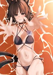 1girl absurdres animal_ears bare_shoulders bikini black_bikini black_eyes black_hair blue_archive blush cat_ears cat_girl cat_tail grin highres kikyou_(blue_archive) kikyou_(swimsuit)_(blue_archive) kowa_m9 looking_at_viewer lying multiple_tails navel official_alternate_costume on_back reaching reaching_towards_viewer short_hair smile solo stomach swimsuit tail two_tails wet