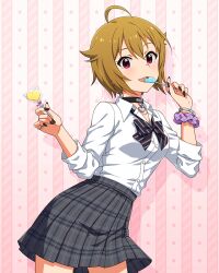1girl ahoge anime_coloring bangle black_bow black_bowtie black_choker black_nails black_socks blonde_hair bow bowtie bracelet breasts candy choker collarbone collared_shirt concept_gyarus_(idolmaster) cowboy_shot diagonal-striped_bow diagonal-striped_bowtie diagonal-striped_clothes dot_nose food grey_skirt gyaru hair_flaps hands_up heart heart_choker holding holding_candy holding_food ibuki_tsubasa idolmaster idolmaster_million_live! idolmaster_million_live!_theater_days jewelry light_blush looking_at_viewer loose_bowtie medium_breasts official_alternate_costume official_art open_collar pink_background pink_eyes plaid_clothes plaid_skirt pleated_skirt purple_scrunchie school_uniform scrunchie shirt sidelocks silver_bangle silver_bracelet silver_ring skirt sleeves_rolled_up socks solo standing star_(symbol) striped_clothes white_shirt wrist_scrunchie