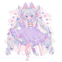 1girl animal_ear_fluff animal_ears barefoot bat_hair_ornament bib_collar blush bow cat_ears cat_girl cat_tail cloud commentary dated_commentary double-parted_bangs dress fangs frilled_dress frilled_sleeves frills full_body ghost_hair_ornament grey_hair hair_between_eyes hair_intakes hair_ornament hair_ribbon hand_up highres lollipop_hair_ornament long_hair looking_at_viewer low_drills open_mouth orange_bow original outline ozureiji petticoat pink_bow pink_eyes pink_nails pink_ribbon purple_bow purple_dress ribbon single_ankle_cuff skin_fangs slit_pupils solo sparkle symbol-only_commentary tail tail_bow tail_ornament tsurime twintails two-sided_dress two-sided_fabric v-shaped_eyebrows very_long_hair white_background white_outline