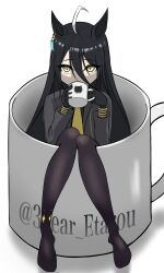 Rule 34 | 1girl, 3year etarou, ahoge, animal ears, animal print, artist name, barefoot, black coat, black hair, black jacket, black pantyhose, blonde hair, cat print, coat, cup, ear tag, earrings, gloves, hair between eyes, hands up, highres, holding, holding cup, horse ears, horse girl, jacket, jewelry, long bangs, long hair, long hair between eyes, long sleeves, looking at viewer, manhattan cafe (umamusume), mini person, minigirl, mug, multicolored hair, multiple girls, necktie, pantyhose, simple background, single earring, sitting, solo, twitter username, umamusume, very long hair, white background, white hair, yellow eyes, yellow necktie