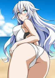 1girl absurdres ass beach black_heart_(neptunia) blue_eyes blue_sky breasts choujigen_game_neptune cloud competition_swimsuit cowboy_shot day from_behind highleg highleg_one-piece_swimsuit highres horizon long_hair looking_at_viewer looking_back medium_breasts neptune_(series) ocean one-piece_swimsuit outdoors sky solo swimsuit two-tone_swimsuit white_hair white_one-piece_swimsuit yuuyuu_(3jjbn)