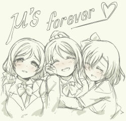 3girls :d ^_^ ayase_eli blazer blush bow bowtie closed_eyes collared_shirt commentary_request crying greyscale hair_bow hair_ornament hair_scrunchie heart high_ponytail jacket kosaka_honoka love_live! love_live!_school_idol_project low_twintails monochrome multiple_girls nose_blush one_side_up open_mouth otonokizaka_school_uniform pas_(paxiti) ponytail school_uniform scrunchie shirt smile spot_color tears teeth tojo_nozomi twintails upper_teeth_only wiping_tears