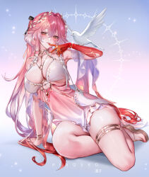 Rule 34 | 1girl, absurdres, arm support, artist name, bare shoulders, blush, body markings, braid, breasts, changli (laurel nymph) (wuthering waves), changli (wuthering waves), cleavage, collarbone, colored extremities, commentary, dress, feather hair, finger to tongue, gradient clothes, gradient dress, gradient hair, hair between eyes, hair extensions, head wreath, highres, jewelry, large breasts, long hair, multicolored hair, official alternate costume, pink dress, pink hair, ponytail, red hands, ring hair extensions, ringeko-chan, sandals, sitting, solo, tacet mark (wuthering waves), thighlet, thighs, toes, tongue, tongue out, twin braids, very long hair, white dress, white hair, wuthering waves, yokozuwari