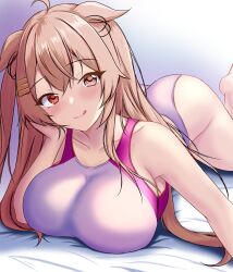 1girl :d ass blush breast_press breasts brown_eyes brown_hair competition_swimsuit feet_up hair_flaps heterochromia highres indoors kantai_collection long_hair looking_at_viewer lying montemasa murasame_(kancolle) murasame_kai_ni_(kancolle) on_stomach one-piece_swimsuit open_mouth pink_one-piece_swimsuit red_eyes smile swimsuit two-tone_swimsuit two_side_up