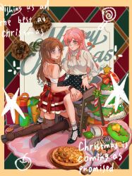 2girls absurdres bang_dream! bang_dream!_it&#039;s_mygo!!!!! between_legs black_shoes black_skirt black_thighhighs blue_eyes blush boots border breasts cang_(akaga204) chair chihaya_anon chinese_commentary christmas christmas_card christmas_tree closed_mouth collared_shirt commentary_request cup dress dress_shirt english_text food gift grey_eyes half_updo high_heel_boots high_heels highres ice_cream long_hair long_sleeves looking_at_viewer medium_breasts mug multiple_girls nagasaki_soyo outside_border parted_lips pink_hair pizza polka_dot polka_dot_skirt red_dress shirt shoes sidelocks sitting skirt socks sweatdrop thigh_boots thighhighs thighhighs_under_boots white_shirt yellow_border yuri