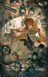 1girl absurdres apple bonnet clock closed_mouth commission dress english_text food fruit gears highres holding holding_food holding_fruit long_hair orange_eyes orange_hair original shoes sitting smile socks solo watermark white_bonnet white_dress white_shoes white_socks yan_zi_yao_yu