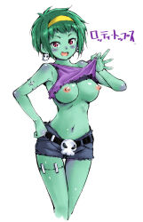 1girl belt black_belt blue_shorts blush breasts clothes_lift colored_skin earrings gang green_hair green_skin hamao jewelry large_breasts looking_at_viewer nipples open_mouth red_eyes rottytops shantae_(series) shirt_lift short_hair shorts simple_background skull skull_belt skull_earrings solo tank_top wayforward white_background white_tank_top zombie