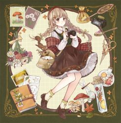 1girl animal arm_scarf autumn autumn_leaves bag blush book bouquet bow bow_legwear bowtie braid brown_eyes brown_hair brown_shoes brown_skirt bug camera closed_mouth commentary dot_nose dragonfly flask flower food frilled_shirt_collar frills fruit full_body green_vest grid_background hair_ornament hairpin handbag hands_up holding holding_camera inkwell insect inset_border knees_together_feet_apart leaf leaf_hair_ornament lemon lemon_slice letter loafers long_hair long_sleeves looking_at_viewer medium_skirt mushroom open_bag orange_(fruit) orange_slice original outside_border paper pen petticoat photo_(object) pinecone plaid_clothes plaid_scarf postage_stamp pouch red_ribbon red_scarf ribbon round-bottom_flask scarf scissors shirt shoes shoulder_bag skirt smile socks solo spoon squirrel tententuyu vest white_shirt white_socks yellow_bow yellow_bowtie yellow_trim