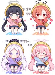 Rule 34 | 4girls, :&lt;, :d, bag, black hair, black halo, blue archive, blue shirt, blue skirt, blush stickers, chibi, chibi only, closed eyes, closed mouth, collared shirt, commentary request, contrast collar, grey eyes, grey halo, hair bobbles, hair ornament, halo, hands up, hat, hina (blue archive), hoshino (blue archive), kindergarten uniform, kisaki (blue archive), kisaki (kindergarten uniform) (blue archive), korean commentary, korean text, long hair, low twintails, multiple girls, name tag, neru (blue archive), open mouth, pink hair, pink halo, pink shirt, pleated skirt, purple eyes, purple hair, purple halo, purple shirt, red eyes, red hair, red shirt, school hat, shirt, shoes, short hair, shoulder bag, simple background, skirt, smile, socks, subin (subin 2011), translation request, twintails, white background, white shoes, white socks, yellow hat
