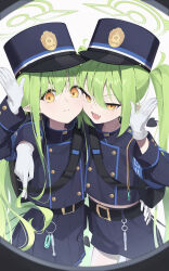 2girls absurdres blue_archive blue_hat blue_jacket blue_shorts blue_skirt closed_mouth commentary_request fang gloves green_hair green_halo halo hat highres hikari_(blue_archive) jacket long_hair miniskirt multiple_girls n_sol nozomi_(blue_archive) open_mouth peaked_cap pointy_ears shako_cap short_shorts shorts siblings sisters skirt twins twintails white_gloves yellow_eyes