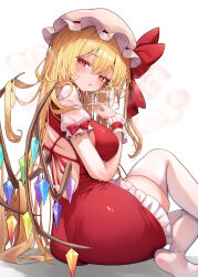 1girl alternate_breast_size ass backless_outfit blonde_hair blush breasts crystal_wings flandre_scarlet from_behind hat highres large_breasts long_hair mikan_(manmarumikan) mob_cap red_eyes sitting solo sweat thighhighs touhou white_hat white_thighhighs