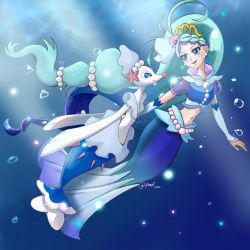 air_bubble blue_eyes blue_hair blush bubble cure_mermaid cure_mermaid_(mode_elegant_bubble) detached_sleeves dress gen_7_pokemon highres jewelry long_dress long_hair looking_at_another mermaid_dress midriff necklace nintendo open_mouth paf327 pearl_hair_ornament pearl_necklace pokemon pokemon_(creature) ponytail primarina smile swimming tail twitter_username underwater