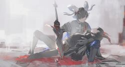 Rule 34 | 2boys, absurdres, animal ears, arknights, black hair, black shirt, black shoes, blood, blood in hair, blood on clothes, blood on face, bloody weapon, blouse, blue eyes, blue pants, boots, chunbuchou, closed eyes, ebenholz (arknights), expressionless, hair over one eye, highres, holding, holding sword, holding weapon, horns, huge weapon, large horns, lessing (arknights), long hair, lying, lying on person, male focus, multiple boys, on back, open mouth, pants, parted lips, partially submerged, pool of blood, profile, shirt, shoes, short hair, sitting, sword, very long hair, weapon, yaoi, zweihander