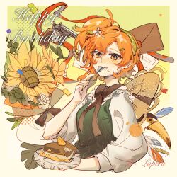 Rule 34 | . yao yizhi fa . hao ma, 1girl, bird, character name, flower, green background, green hairband, green vest, gun, hairband, handgun, happy birthday, hat, hat on back, highres, holding, holding plate, holding spoon, looking at viewer, lopera (reverse:1999), medium hair, orange eyes, orange hair, plate, reverse:1999, revolver, shirt, side ponytail, solo, spoon, straw hat, sunflower, toucan, upper body, utensil in mouth, vest, weapon, white shirt, yellow flower