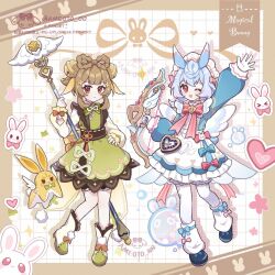 &gt;_&lt; 2girls :o ;d adapted_costume ameoto_00 animal_ears apron aqua_bow aqua_dress artist_name back_bow bell black_footwear bloomers blue_hair blunt_bangs blush boots border bow bow-shaped_hair bow_(weapon) bowtie braid brooch brown_border brown_dress brown_eyes brown_hair bubble buttons commentary_request crossed_bangs dialogues_of_the_desert_sages_(genshin_impact) double-breasted dress drop_shadow english_text eyelashes flower_symbol frilled_dress frilled_shirt_collar frilled_sleeves frills fur-trimmed_boots fur_trim genshin_impact gloves gradient_clothes gradient_hair gradient_sleeves green_bow green_bowtie green_dress grid_background hair_bell hair_between_eyes hair_ornament hand_up heart highres holding holding_bow_(weapon) holding_staff holding_weapon jewelry jingle_bell leg_warmers lolita_fashion long_sleeves looking_at_viewer low_twintails maid_headdress medium_hair multicolored_hair multiple_girls one_eye_closed open_mouth orange_bow pantyhose pink_bow pom_pom_(clothes) pom_pom_hair_ornament puffy_long_sleeves puffy_sleeves purple_hair rabbit radish red_bow red_bowtie red_eyes red_ribbon ribbon shoes sidelocks sigewinne_(genshin_impact) silvershower_heartstrings_(genshin_impact) simple_background smile sparkle staff stuffed_animal stuffed_rabbit stuffed_toy tassel twintails twitter_username underwear watermark weapon white_apron white_background white_footwear white_gloves white_leg_warmers white_pantyhose yaoyao_(genshin_impact) yellow_bow yuegui_(genshin_impact)