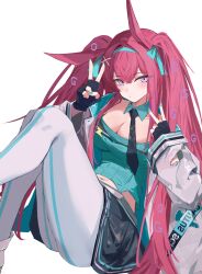 1girl absurdres animal_ears arknights black_gloves black_necktie black_skirt breasts closed_mouth fingerless_gloves gloves hairband highres long_hair looking_at_viewer necktie nekomatamago official_alternate_costume pink_hair purple_eyes rabbit_ears ray_(arknights) ray_(dreaming_high)_(arknights) skirt solo very_long_hair