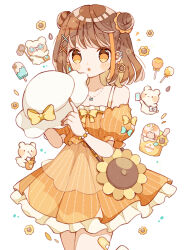 1girl :o bare_shoulders bear blush_stickers brown_hair commentary cowboy_shot double_bun dress earrings flower food frilled_dress frills hair_bun hair_ornament hat highres holding holding_unworn_clothes holding_unworn_hat jewelry nagihoko necklace off-shoulder_dress off_shoulder open_mouth orange_dress orange_eyes original popsicle short_hair short_sleeves simple_background solo striped_clothes striped_dress sunflower unworn_hat unworn_headwear white_background white_hat x_hair_ornament