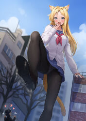 absurdres animal_ears black_pantyhose blonde_hair blue_eyes cat_ears cat_tail giant giantess highres long_hair original panties panties_under_pantyhose pantyhose sahara1127 size_difference standing standing_on_one_leg tail underwear