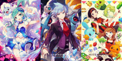 2boys 2girls aaron_(pokemon) age_difference ahoge altaria aqua_eyes aqua_hair aqua_nails arm_warmers armpits asymmetrical_hair asymmetrical_legwear bag bare_shoulders beldum berry_(pokemon) bike_shorts black_footwear black_jacket black_pants blue_bow blue_footwear blue_ribbon blue_skirt blue_tank_top boots bow bow_legwear brendan_(pokemon) brendan_(pokemon_oras) brown_hair carbink child collarbone collared_jacket diadem earrings english_text eyelashes fingernails flag flat_chest friends fur_collar fur_trim gen_1_pokemon gen_3_pokemon gen_5_pokemon gen_6_pokemon green_bag grey_eyes hair_bow hair_ornament hair_ribbon hand_up happy hat headwear_request heart height_difference high_heel_boots high_heels holding idol jacket jewelry jumping leg_warmers legs lisia_(pokemon) litwick long_fingernails long_sleeves looking_at_viewer matching_hair/eyes may_(pokemon) may_(pokemon_oras) medium_hair mega_altaria mega_metagross mega_pokemon mega_stone metagross midriff miniskirt mudkip multiple_boys multiple_girls multiple_views musical_note nail_polish navel neck necktie nintendo no_socks one_eye_closed open_mouth pants pikachu poke_ball pokemon pokemon_(creature) pokemon_oras ponytail red_bow red_neckwear red_ribbon red_shirt ribbon shirt shoes short_hair short_ponytail short_shorts short_sleeves shorts shorts_under_skirt showgirl_skirt side_bangs single_thighhigh skin_tight skirt skitty sleeveless sleeveless_shirt smile sneakers sparkle_background stage standing star_(symbol) steven_stone striped_legwear tank_top thighhighs thighs thighs_together tiara torchic treecko two-tone_bow two-tone_ribbon two-tone_shirt two-tone_skirt uneven_legwear v wailmer welchino white_headwear white_shorts wink wristband yellow_bag