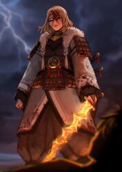1girl alternate_costume armor blonde_hair blood blood_on_clothes blood_on_face bridal_gauntlets cloud cloudy_sky commentary earrings english_commentary fire_emblem fire_emblem:_three_houses fur_trim highres holding holding_sword holding_weapon japanese_armor jewelry levin_sword lightning lips long_hair looking_at_viewer looking_down mercedes_von_martritz nintendo outdoors pink_lips purple_eyes sethkiel sky solo sword weapon