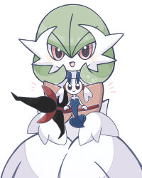 1girl black_eyes black_flower bob_cut closed_mouth elbow_gloves female_focus floette floette_(eternal) flower full_body gardevoir gen_6_pokemon gloves green_hair hair_between_eyes hands_up happy heart looking_at_viewer mega_gardevoir mega_pokemon nintendo notice_lines open_mouth outline pokemon pokemon_(creature) red_eyes short_hair smile standing straight-on suzu_(pixiv_32232702) white_gloves white_outline
