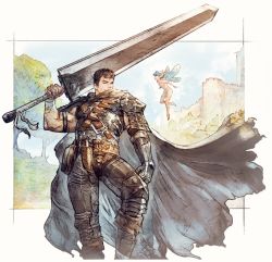 1boy armor bandages bare_tree berserk black_hair cape dragonslayer_(sword) fairy flower guts_(berserk) highres holding huge_weapon male_focus muscular puck_(berserk) scar short_hair shukei solo sword tree under_tree weapon