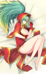 1girl aqua_eyes aqua_hair ass barefoot bed_sheet blonde_hair breast_hold breasts capelet cleavage cloak colored_eyelashes dress female_focus from_above full_body gloves highres hood hooded_cloak large_breasts league_of_legends long_hair low_neckline lying multicolored_hair on_back parted_lips pd_(pdpdlv1) profile red_dress red_gloves silent_night_sona solo sona_(league_of_legends) thighs twintails two-tone_hair very_long_hair