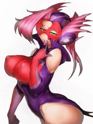 1girl :o arched_back ass bimaajo bimajo_(time_bokan) breasts brown_eyes clenched_hand covered_erect_nipples cowboy_shot eyeshadow female_focus finger_to_face from_side fumio_(rsqkr) gloves gradient_hair half-closed_eyes halterneck hand_up helmet high_collar impossible_clothes impossible_leotard large_breasts leotard lipstick long_hair looking_at_viewer looking_back makeup mask multicolored_hair open_mouth pink_hair purple_lips raised_eyebrows simple_background sketch solo standing thick_thighs thighs time_bokan_(series) time_bokan_24 visor white_background yellow_eyes