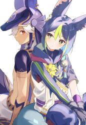 animal_ears animal_hat back-to-back black_gloves black_hair black_hat blue_hair blush closed_mouth cyno_(genshin_impact) earrings flower fox_boy fox_ears fox_tail genshin_impact gloves green_eyes green_hair hat jewelry male_focus medal multicolored_hair red_eyes simple_background single_earring sitting snzisnr tail tassel tighnari_(genshin_impact) white_background white_hair yellow_flower
