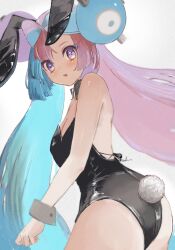 1girl alternate_costume animal_ears ass bare_shoulders black_leotard blue_hair breasts cowboy_shot fake_animal_ears fake_tail from_behind highres iono_(pokemon) leotard long_hair looking_at_viewer looking_back multicolored_hair nintendo pink_hair playboy_bunny pokemon pokemon_sv purple_eyes rabbit_ears rabbit_tail ringosan2329 simple_background small_breasts solo tail two-tone_hair white_background