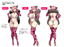 1girl absurdres animal_ears animal_print bell bikini breasts bunnystein_fantasy cow_ears cow_horns cow_print cow_print_bikini cow_print_gloves cow_print_thighhighs cow_tail cowbell full_body gloves highres horns multiple_views neck_bell pink_hair print_bikini print_gloves print_thighhighs reference_sheet senri_gan solo swimsuit tail thighhighs