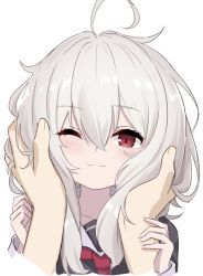 1boy 1girl :3 ahoge blush commentary eha7y hands_in_hair looking_at_viewer medium_hair one_eye_closed original out_of_frame pov pov_hands red_eyes ruffling_hair simple_background sketch smile upper_body wasabi-chan_(eha7y) white_hair
