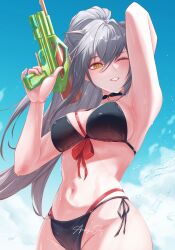 1girl ;d absurdres animal_ears arknights arm_up armpits arshy_sch artist_name bikini black_bikini black_choker breasts choker cowboy_shot grey_hair grin groin hair_between_eyes highres long_hair looking_at_viewer medium_breasts navel one_eye_closed open_mouth schwarz_(arknights) smile solo standing swimsuit water water_gun watermark yellow_eyes