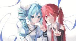 2girls black_sleeve_cuffs black_sleeves blue_eyes blue_hair blue_trim blush bow buttons collared_shirt cosplay costume_switch double-breasted drill_hair flat_chest grey_shirt hair_between_eyes hair_bow hair_ribbon hatsune_miku hatsune_miku_(cosplay) highres index_finger_raised kasane_teto kasane_teto_(cosplay) kasane_teto_(sv) layered_sleeves long_sleeves looking_at_viewer multiple_girls myamyo_owo necktie outstretched_arm red_eyes red_hair red_necktie ribbon shirt shoulder_belt shoulder_boards simple_background sleeveless sleeveless_shirt smile synthesizer_v twin_drills twintails utau v vocaloid white_background white_bow white_ribbon wing_collar