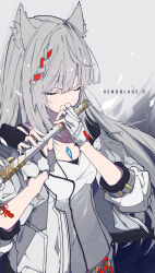 1girl absurdres animal_ear_fluff animal_ears blue_gemstone blunt_bangs breasts camisole cat_ears chest_jewel closed_eyes falling_petals fingerless_gloves flower_knot flute gem gloves grey_background grey_gloves grey_hair gugugu_official highres holding holding_flute holding_instrument instrument jacket long_hair medium_breasts mio_(xenoblade) multicolored_hair music petals playing_flute playing_instrument red_hair solo streaked_hair upper_body white_camisole white_jacket xenoblade_chronicles_(series) xenoblade_chronicles_3