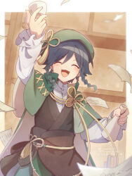 1boy :3 black_hair bottle braided_sidelocks brown_vest cape closed_eyes commentary_request corn_kuten cup facing_viewer genshin_impact green_cape green_hat hat holding holding_bottle holding_cup indoors long_sleeves male_focus open_mouth paper sake_bottle shelf shirt short_hair smile solo venti_(genshin_impact) vest watermark white_shirt