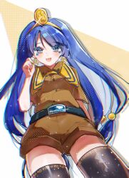 1girl belt belt_buckle black_belt black_thighhighs blue_eyes blue_hair blush brown_shirt brown_shorts buckle buttons chromatic_aberration collared_shirt commentary cowboy_shot earrings facial_tattoo from_below gold gold_earrings hair_bobbles hair_ornament hand_up headpiece highres iwakoo jewelry long_hair looking_at_viewer low-tied_long_hair michigami_nareko open_mouth shirt short_sleeves shorts smile solo sparkle standing tattoo thighhighs touhou triangle very_long_hair