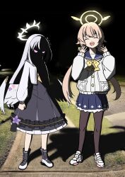 2girls absurdres alice_picaro angel_wings azusa_(blue_archive) black_pantyhose black_sky blue_archive closed_eyes face_in_shadow full_body glaring halo hifumi_(blue_archive) highres looking_at_viewer meme multiple_girls night outdoors pantyhose partially_shaded_face photo_background shaded_face shoes sidewalk skirt sky smile standing twintails white_hair why_dis_ninja_look_so_mad_(meme) wings