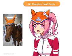 Rule 34 | 1girl, :d, animal ear headwear, animal ears, artist name, beanie, black jacket, bow, commentary, dated, ear covers, elmer&#039;s, english commentary, english text, fake animal ears, flower-shaped pupils, haru urara (umamusume), hat, hat bow, highres, horse ears, horse girl, jacket, multicolored jacket, open mouth, orange hat, photo inset, pink eyes, pink hair, ponytail, red jacket, reference inset, sbarky38, simple background, smile, symbol-shaped pupils, symbol in eye, twitter username, two-tone jacket, umamusume, upper body, white background, white bow, zipper, zipper pull tab