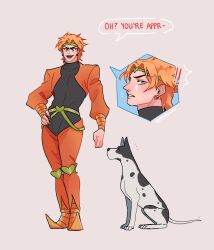 ! !! 1boy alternate_universe blonde_hair commentary danny_(jojo) dio_brando dog earrings english_commentary english_text fangs green_headband hand_on_own_hip happy_birthday headband highres jewelry jojo_no_kimyou_na_bouken knee_pads male_focus open_mouth phantom_blood pointy_footwear smile stardust_crusaders steohsama yellow_eyes