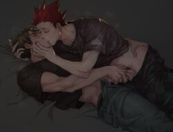 2boys absurdres black_male_underwear closed_eyes clothes_pull collarbone commentary green_hair haikyuu!! hand_on_another&#039;s_ass hand_on_another&#039;s_head highres kiss lying male_focus male_pubic_hair male_underwear masturbation multiple_boys netcrow98 on_back pants pants_pull penis precum pubic_hair red_hair shirt short_hair tendou_satori toned toned_male underwear ushijima_wakatoshi yaoi