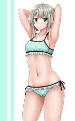 1girl armpits arms_up bare_arms bare_shoulders bikini blush collarbone commentary english_commentary fang fang_out female_focus frilled_bikini frills green_bikini green_eyes grey_hair grin highres kazenokaze looking_at_viewer miyu_ottavia multicolored_hair navel nijisanji nijisanji_id print_bikini purple_hair side-tie_bikini_bottom smile solo streaked_hair swimsuit virtual_youtuber