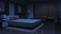 bed bedroom couch curtains dark desk_lamp drawer highres hotel_room indoors lamp night no_humans non-web_source official_art our_life:_beginnings_and_always photo_(object) pillow rug scenery shelf table television variant_set wooden_desk wooden_floor