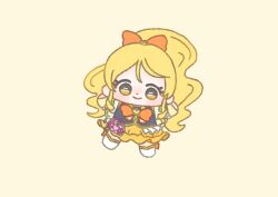 Rule 34 | 1girl, black vest, blonde hair, blush, boots, bow, bowtie, brooch, chibi, closed mouth, clover earrings, collared vest, cure honey, dot nose, dress, eyelashes, footwear bow, four-leaf clover earrings, frilled skirt, frilled vest, frilled wrist cuffs, frills, hair bow, hair ornament, happinesscharge precure!, happy, heart, heart brooch, high ponytail, ichigo usuhana, jewelry, knee boots, lapels, light blush, long hair, looking at viewer, magical girl, miniskirt, oomori yuuko, orange bow, orange bowtie, outstretched arms, ponytail, precure, puffy short sleeves, puffy sleeves, shirt, short sleeves, simple background, skirt, smile, solo, standing, tareme, thighhighs, very long hair, vest, waist bag, wavy hair, white bag, white boots, wrist cuffs, yellow background, yellow eyes, yellow shirt, yellow skirt, yellow wrist cuffs